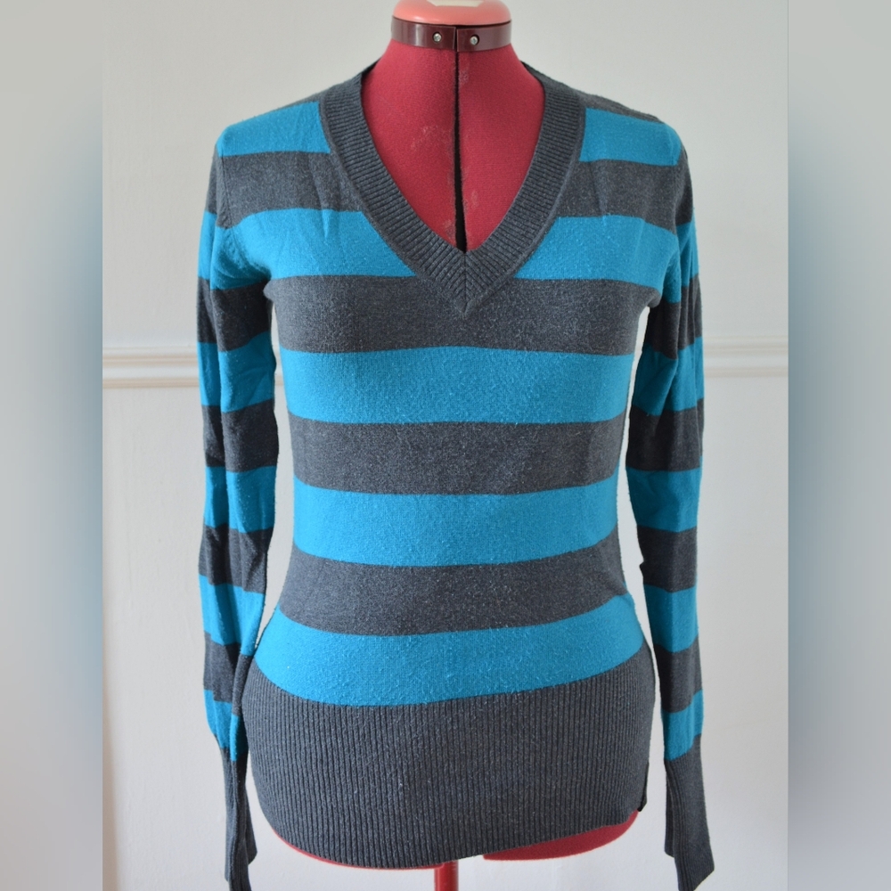 B2G1 FREE - Striped V-Neck Sweater - Blue and Gray - Large